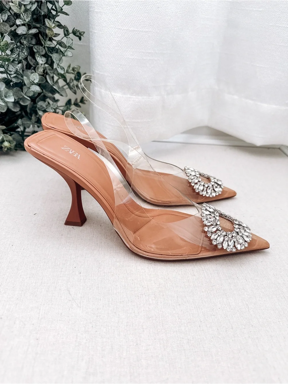 Zara Clear Rhinestone Pointed Toe Kitten Heel Mules Size US 9| EU 40